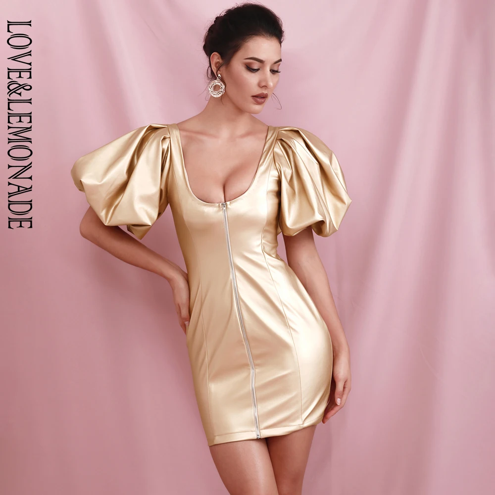 Женское мини платье на молнии LOVE & LEMONADE золотистое облегающее из эластичной