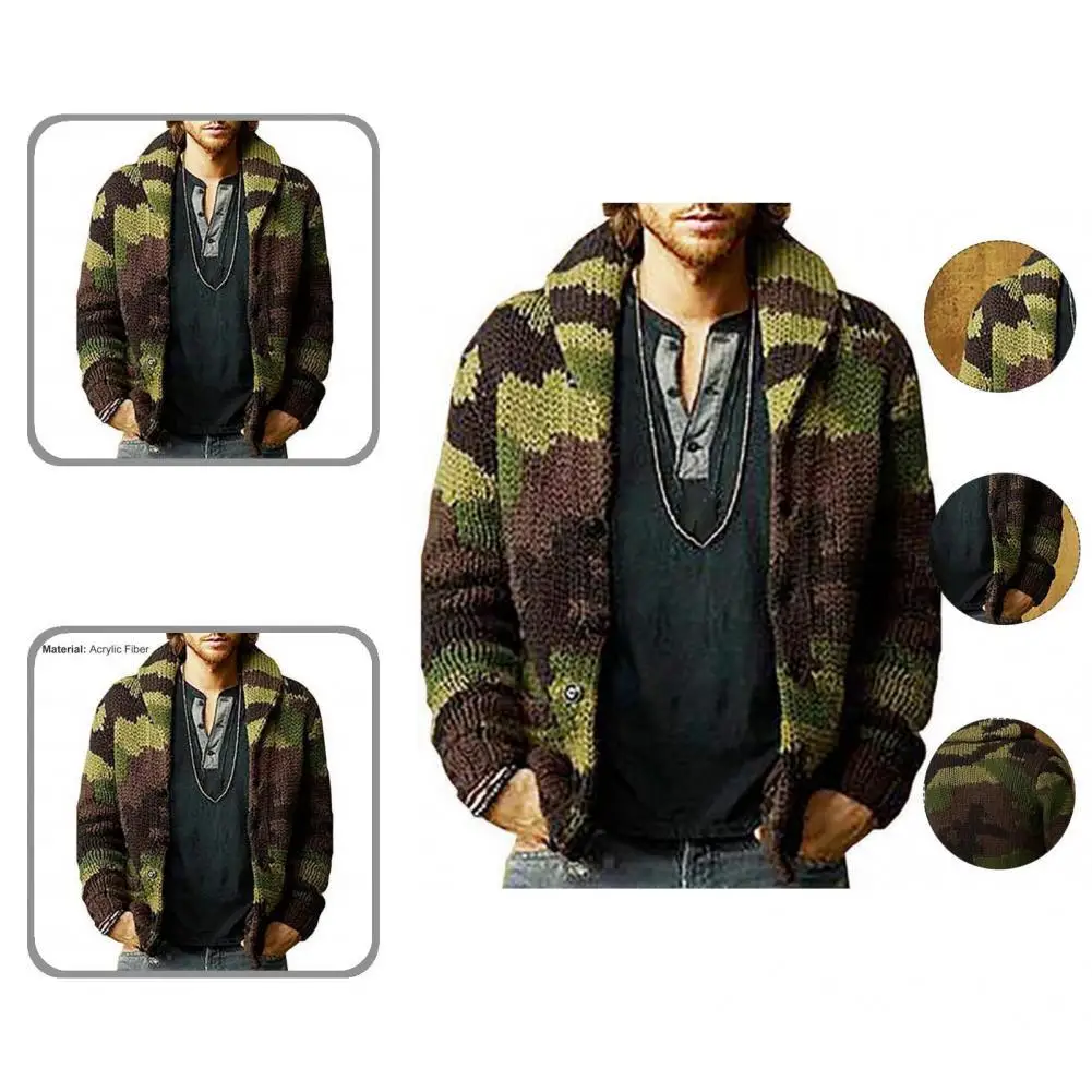 

Men Sweater Fall Winter Sweater Jacket Comfy Warm Trendy Camouflage Color Buttons Closure Sweater