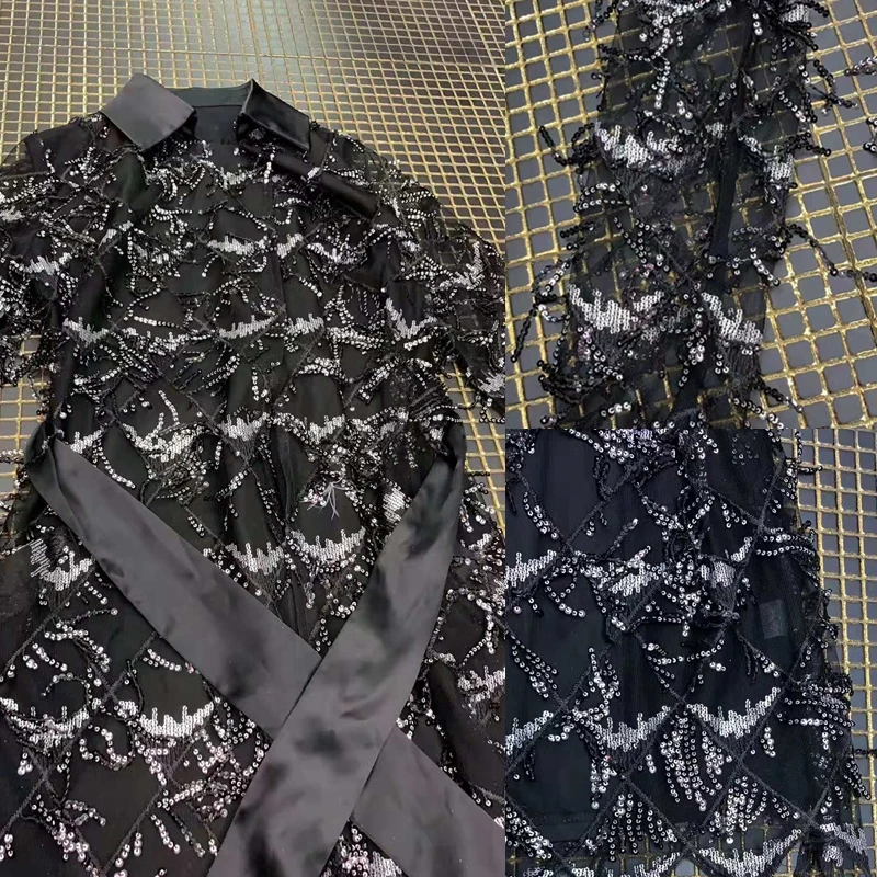 

2019 New Fashion Sequined Tassel Black Dress Autumn Long Sleeve Mesh Chic Sashes Straight Celebrity Mid Calf Party Women Dresses