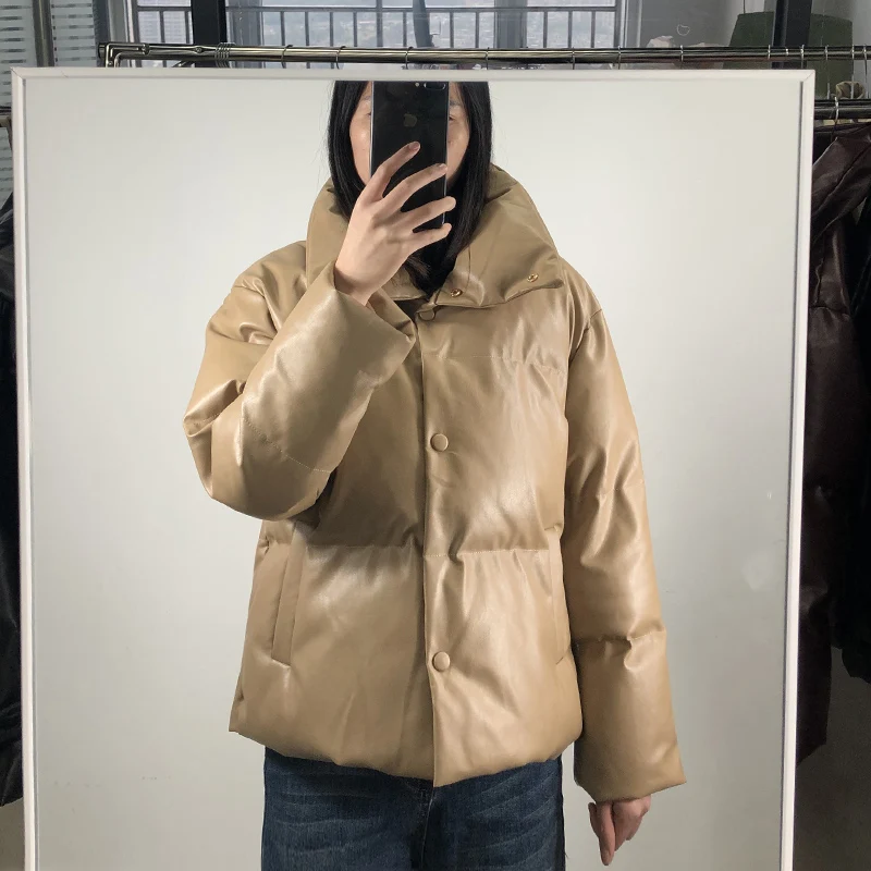 

Fandy Lokar High Imitation Leather Parkas Women Fashion PU Leather Coats Women Elegant Solid Cotton Jackets Female Ladies