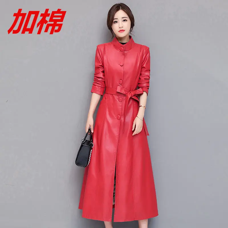 2021 New Women Red PU Leather Trench Coat Autumn Long Jacket Button Warm Thicken Temperament PU Leather Windbreaker With Belt