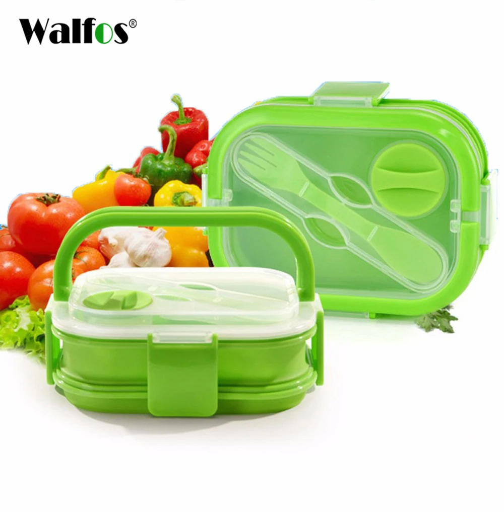 WALFOS 2 слойный Цветной силиконовый Ланч бокс с ручкой Бенто портативный для