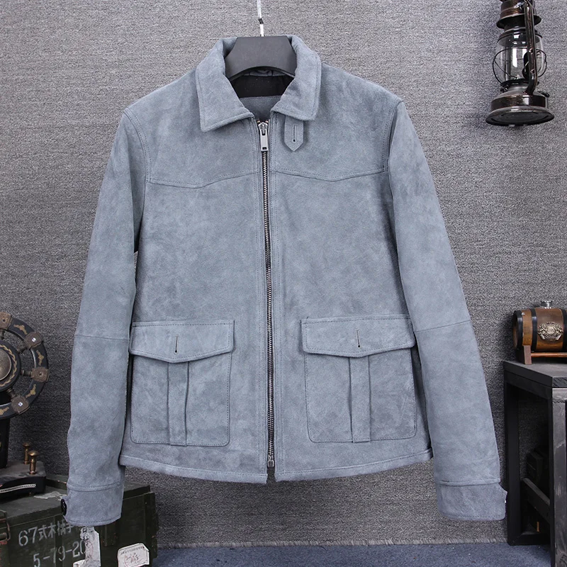

men's 2021 gray blue cow suede jacket with two pockets slim fit vintage genuine leather coat men spring casual jacket male