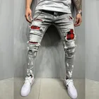 Мужские джинсы в сетку, лоскутные джинсы, узкие джинсы, рваные, стеганые, с вышивкой, брюки в стиле хип-хоп, с эластичной талией, повседневные штаны для бега