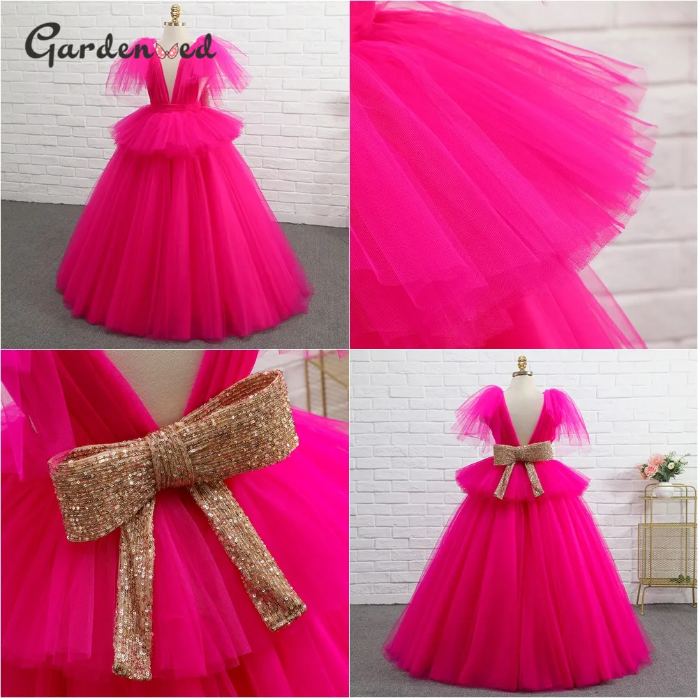 

Pink Kids Flower Girl Dresses Tulle Layers First Communion Dresses Puff sleeves Bow Knot Girl Wedding Little Bride Dresses