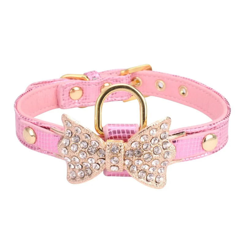 

Small Pet Dog PU Leather Collar Bell Bow Puppy Cat Rhinestone Buckle Neck Strap New arrive 2020
