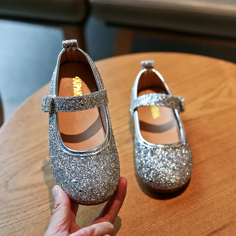 Mumoresip Glitter Leather Girls Shoes Bling Kids Casual Flats Silver Gold Color Children's For Toddlers Wedding Princess | Детская