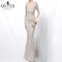 silver sequin evening dresses mermaid prom gown hot drill short sleeves elegant glitter formal party women illusion back dress