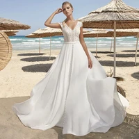 boho beach wedding dresses 2021 v neck cap sleeve side split lace appliques a line chiffon bridal gown sweep train backless