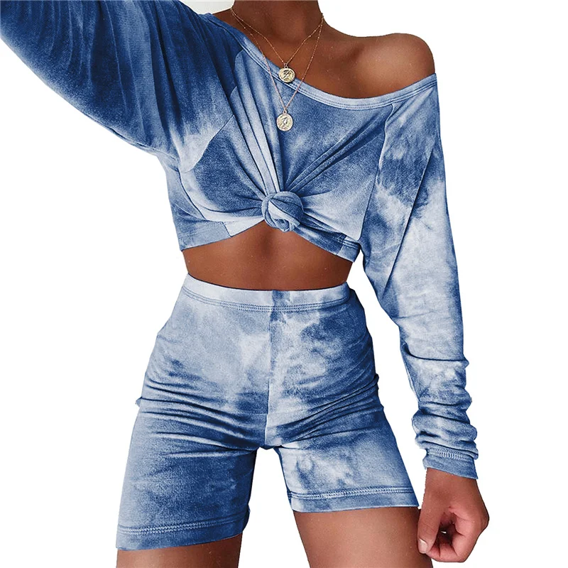 Rainbowwaves  Pajamas For Women Tie Dye Patchwork Two Piece Set Sleepwear Casual Long Sleeve T-shirts Shorts Loungewear Outfit