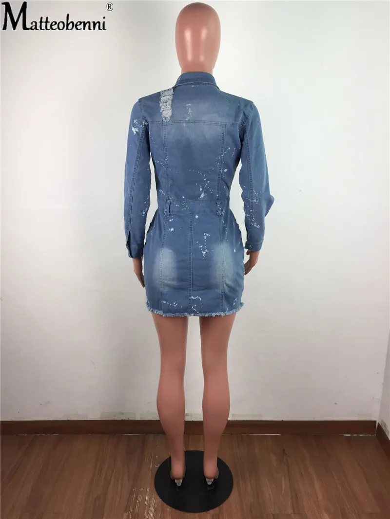 

Summer New Women's Denim Dress Long Sleeve Slim Sexy Casual Pocket Ripped Hole Sparse Jeans Dress Ladies Party Mini Denim Dress
