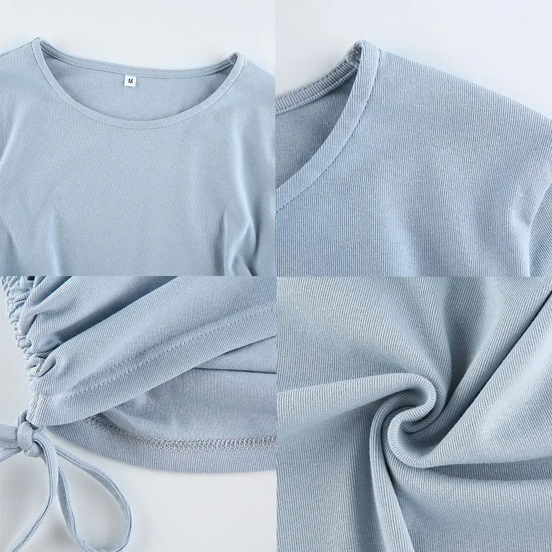 

Solid Basic Long Sleeve Womens Tshirt Casual Black White Fashion Drawstring Crop Top T Shirt Ladies Fashion Korean Tee Shirt