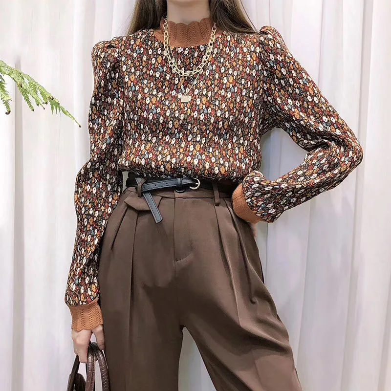 

EBAIHUI Auttum 2021 Flower Print Korean Blusas Vintage Elegant Female Blouse Half high collar Long Sleeve Casual Mujer Shirts