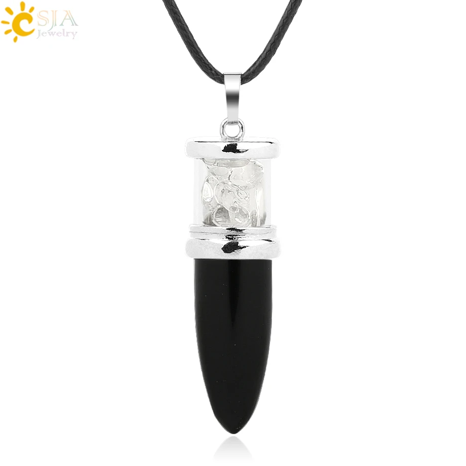 Black Onyx-Chain CSJA в форме пули подвески из натурального камня розовый кварц Фиолетовый Кристалл ожерелья Желая бутылка конус рейки Маятник для женщин и мужчин G284 - Окраска металла: Black Onyx-Chain