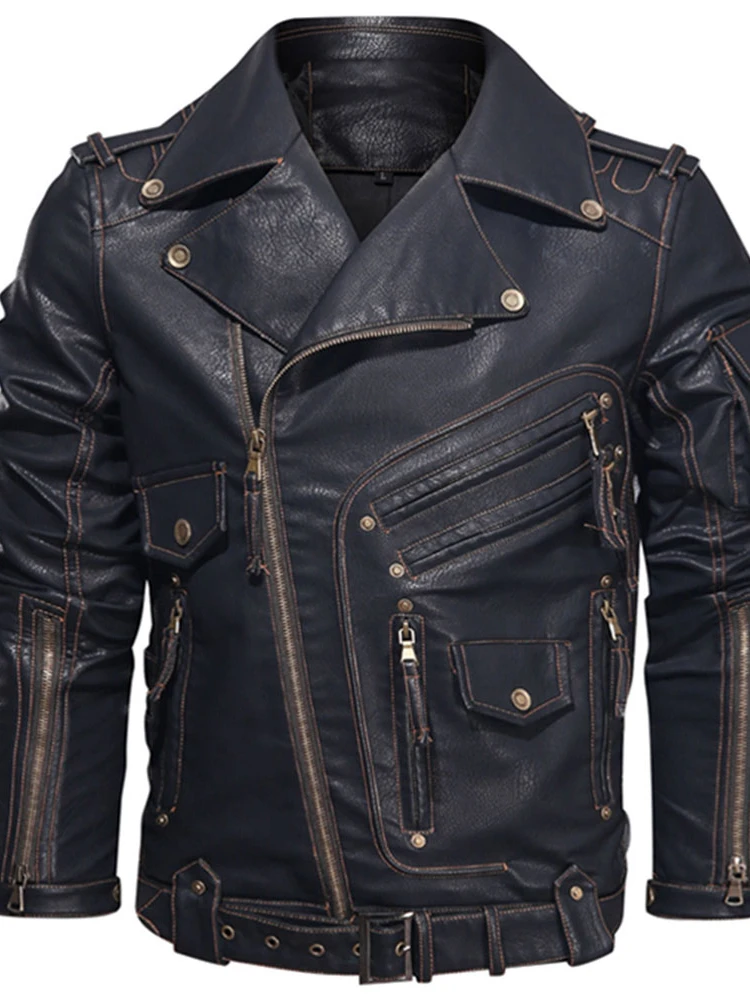 

Winter Mens Leather Jacket Men Fashion Motorcycle PU Leather Jacket Cool Zipper Pockets Leather Coats EU Size