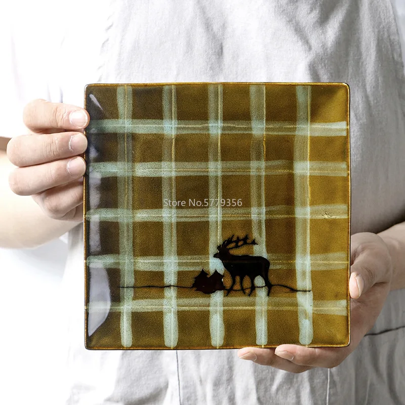 

Nordic Square Plate Ceramic Plate Home Dining Plate Creative Retro Flat Plate Western Dinner Plate Personality Elk Plate