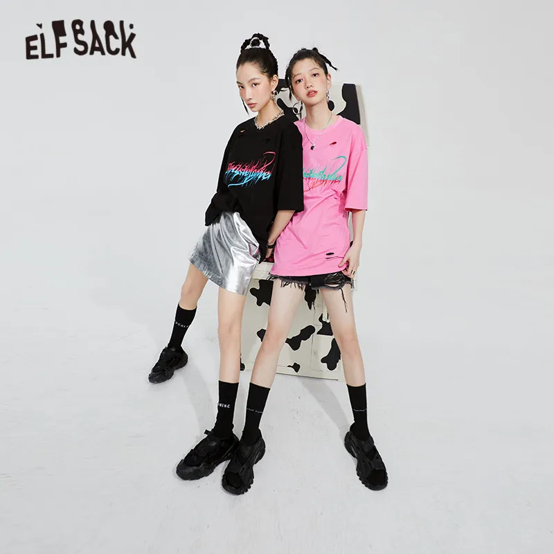 

ELFSACK Harajuku Letter Print Casual Pullover Women Summer T-Shirts 2020 Summer ELF Short Sleeve Korean Ladeis Daily Punk Tops