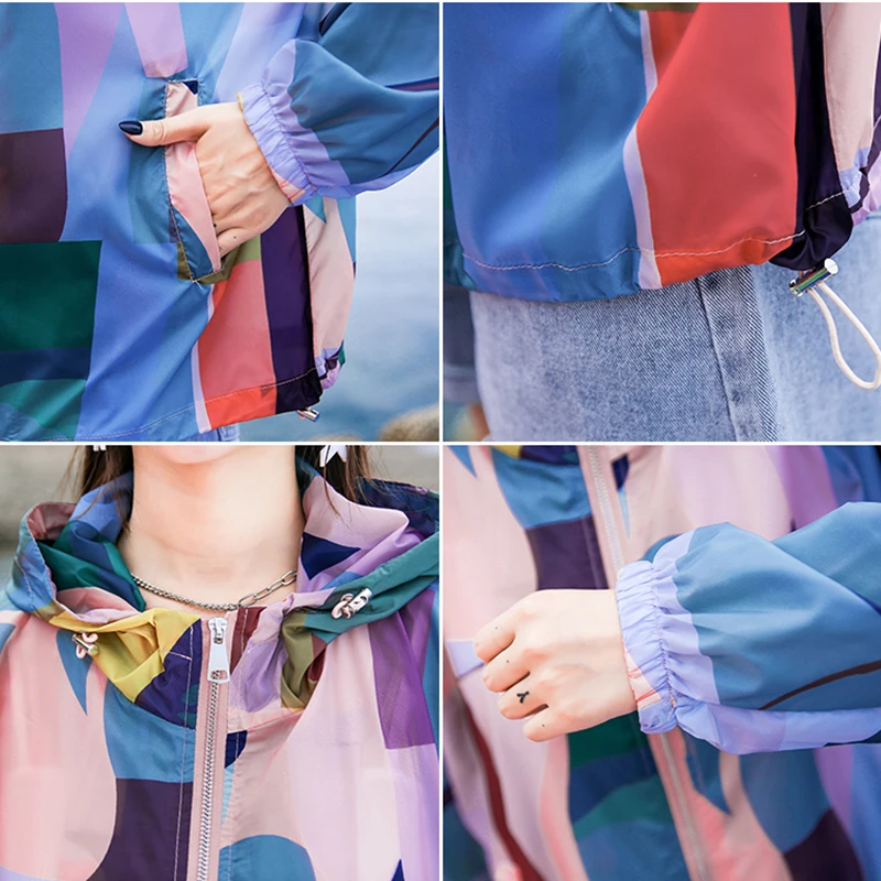 

2020 Summer Thin Loose Color stitching Female Trench Coat UV Sun Protection Hooded Sunscreen Beach Breathable Windbreaker Casual