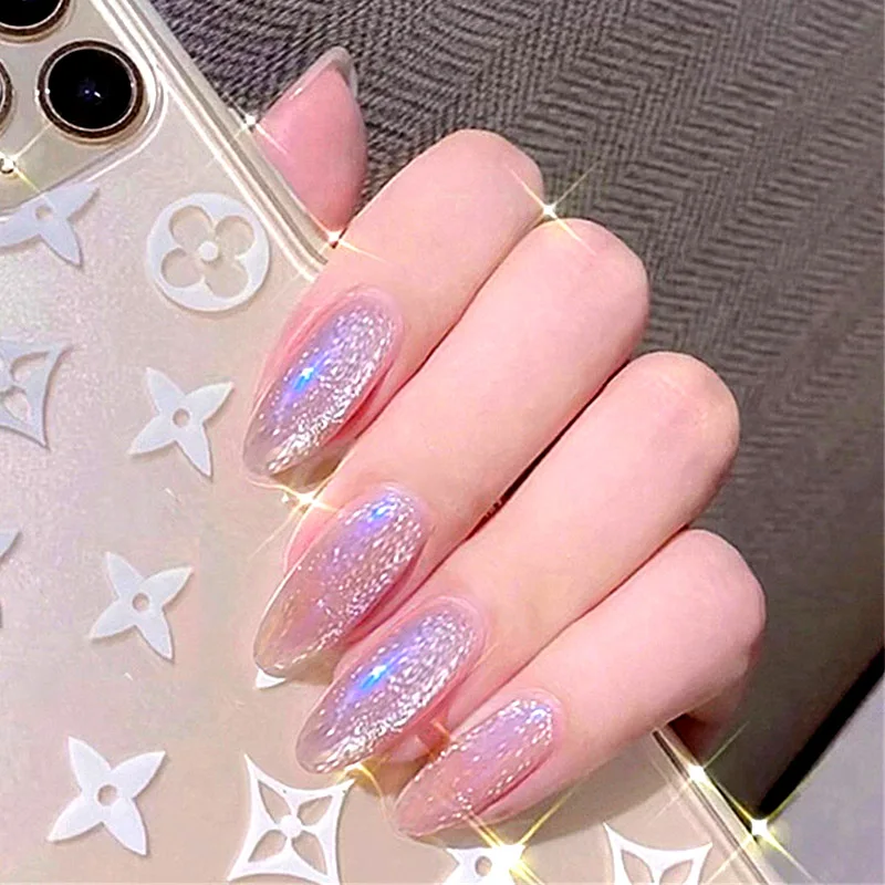 

Magic Cat's Eye Effect Nude Phototherapy False Nails Press On Full Cover Chameleon Manicure Fake Daily Finger Wear Nail Tips
