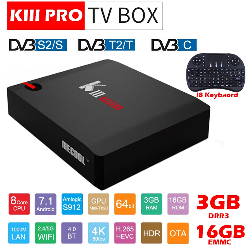 MECOOL KIII PRO DVB S2 DVB T2 DVB C Android 7,1 tv Box 3 Гб 16 Гб Amlogic S912 Восьмиядерный 4K Combo CCCAM NEWCAMD Biss key PowerVU