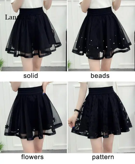 

New Spring Summer Women Black Mini Skirt Casual Elastic High Waist Skirt Sweet Mesh Tulle Umbrella Skirt Falda Tulle