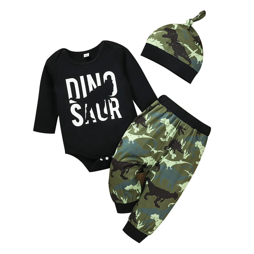 

Baby Boy Clothes Set Black Bodysuit Romper Dinosaur Pants Trousers Hat Cap 0-12M Newborn Infant Spring Fall Casual Cotton Outfit