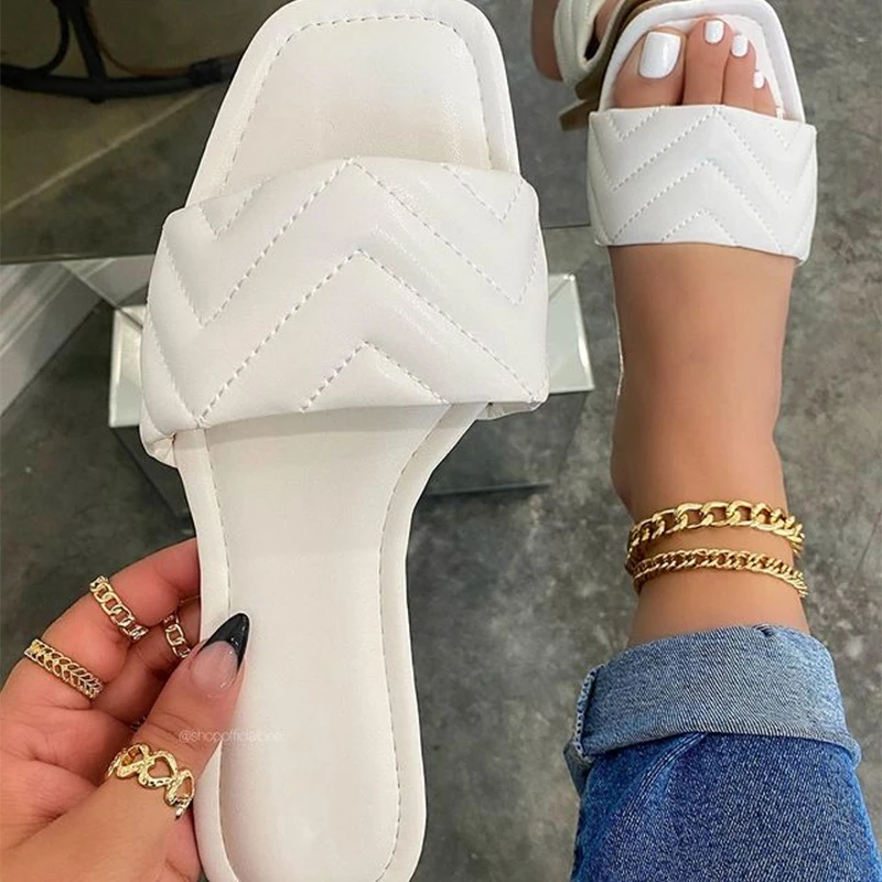 

2021 Women Square Toe Slippers Ladies Sewing Casual Flats Female Summer Beach Slides Woman Outdoor Leisure Shoes Plus Size