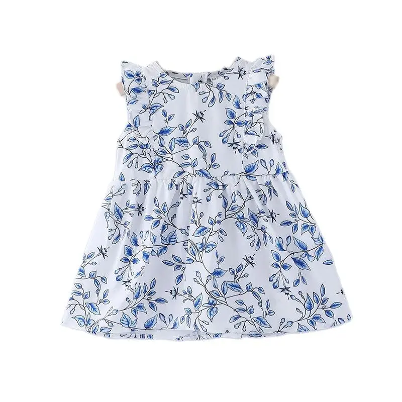 

Летние Детские платья с круглым вырезом без рукавов, мини хлопковые пуловеры с принтом и оборками, в европейском и американском стиле, 2021, бе...