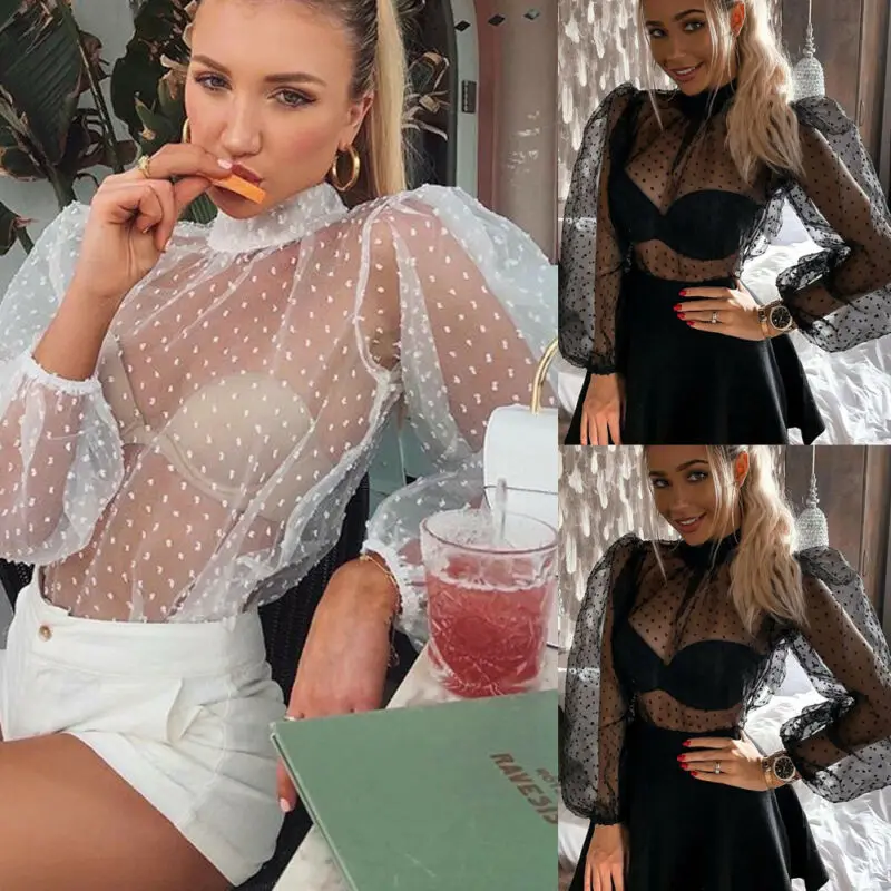 Женская сексуальная прозрачная сетчатая блузка топы в горошек Прозрачный