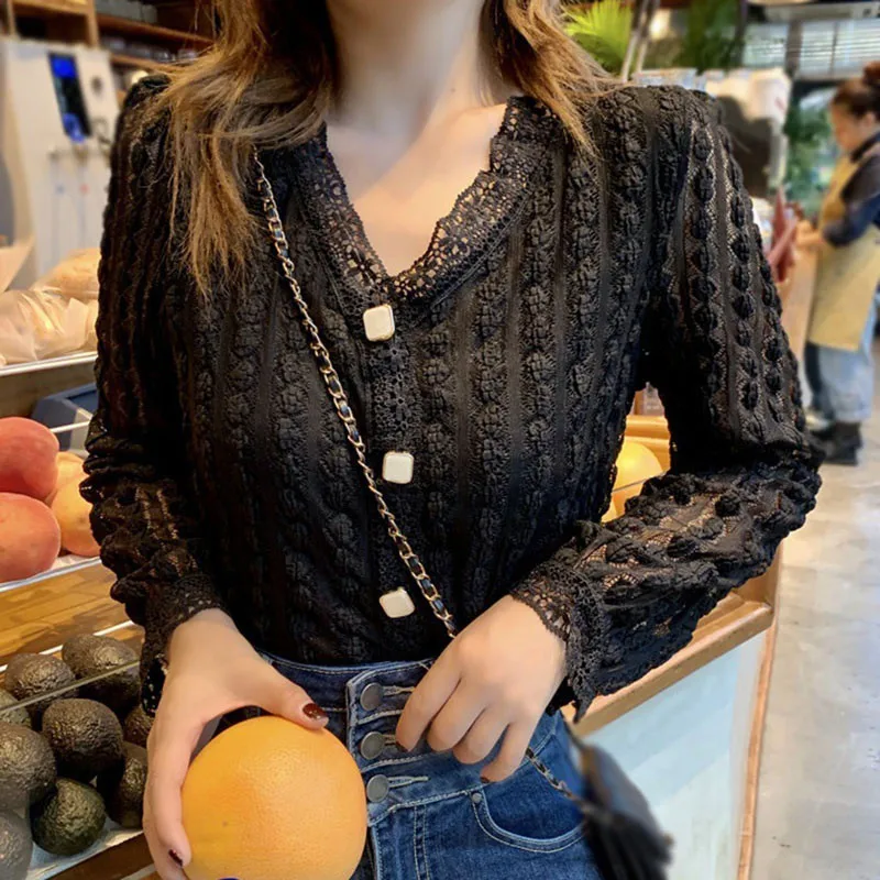 

Autumn Korean Style Wild V-Neck Lace Hollow Short Style Long Sleeve Top T-Shirt