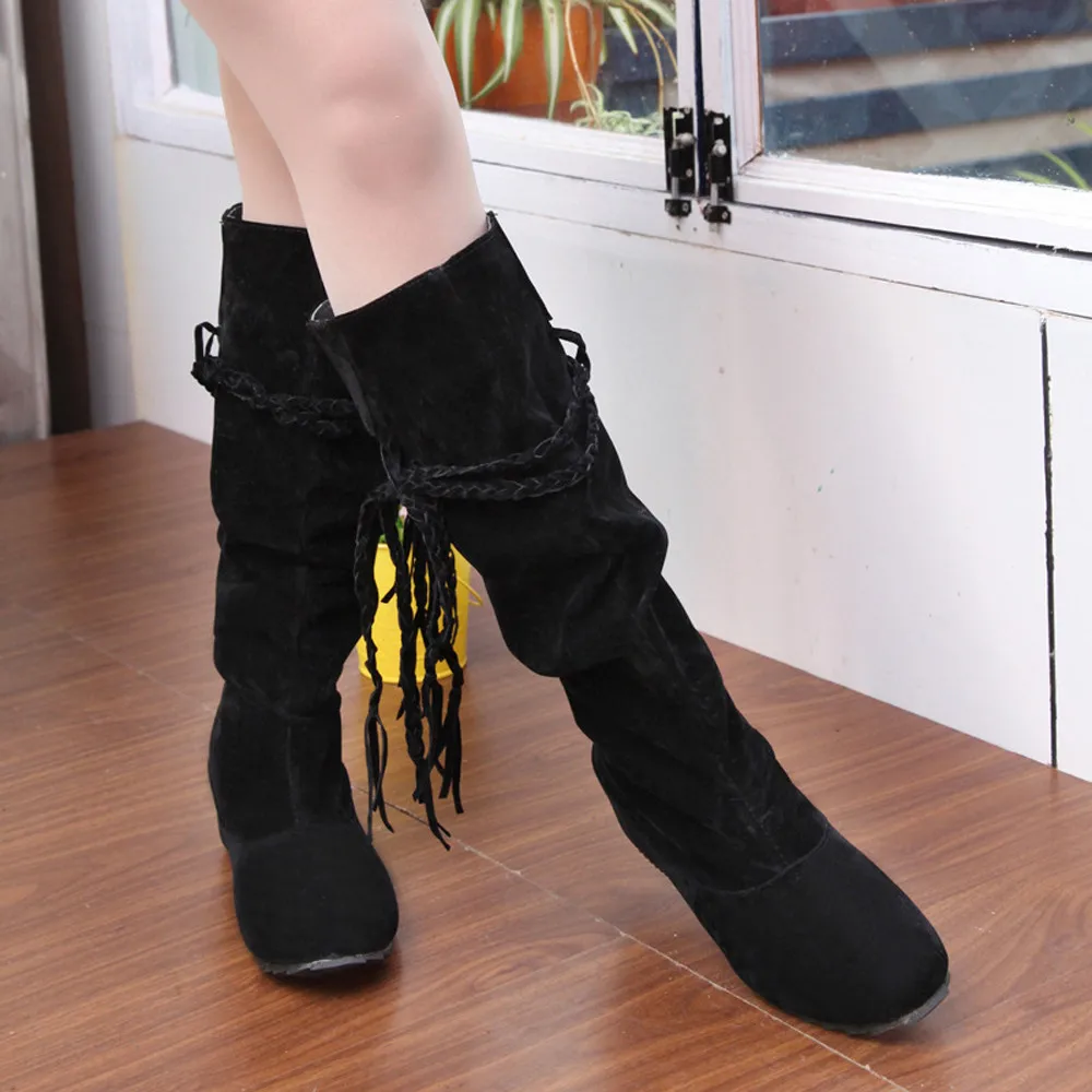 

Fringed Boots Women Heighten British Style Round Head Thigh High Boots Motorcycle Shoes Women Winter Boots Street Style Shoe A1