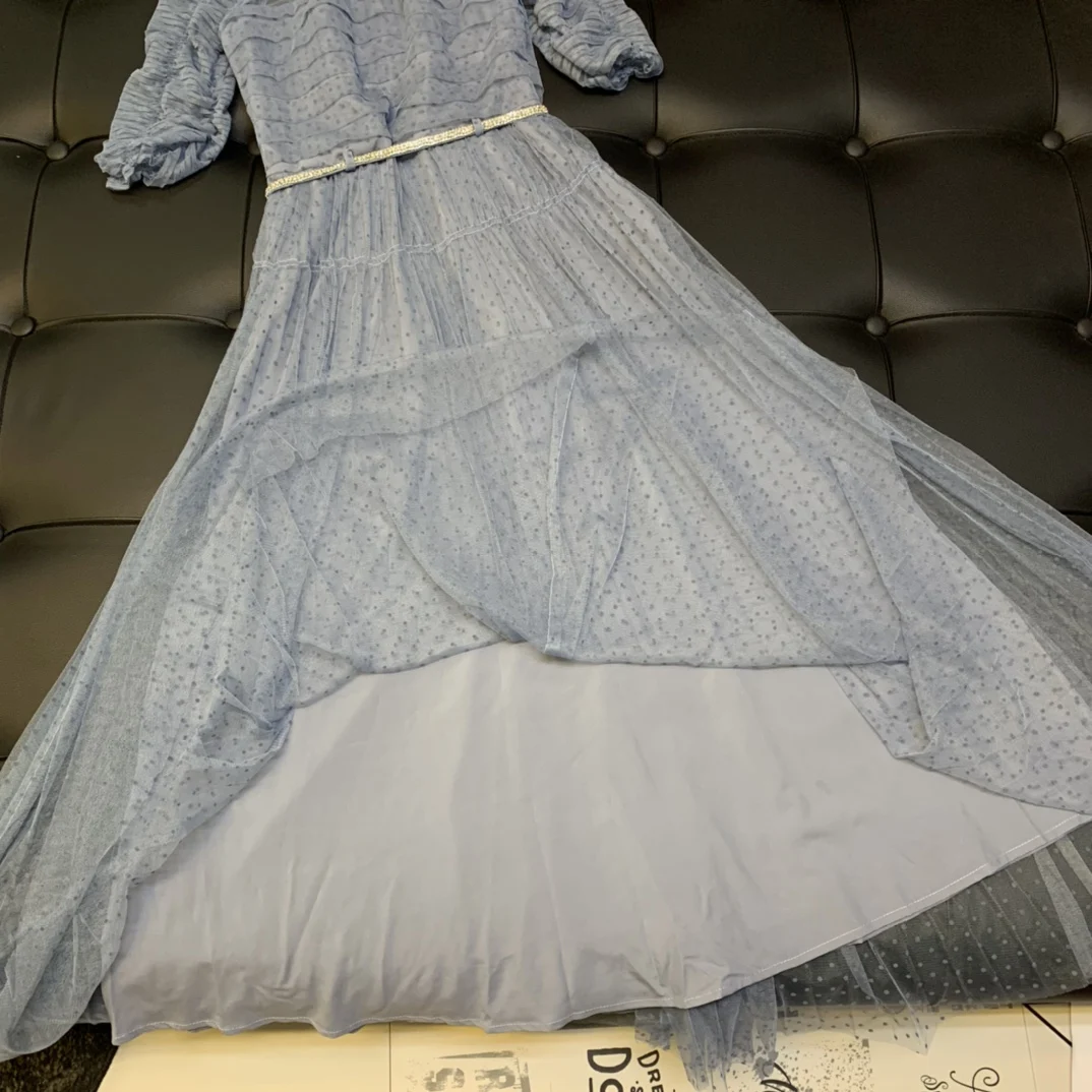 

2021 new women fashion short sleeve round neck pleated rhinestone belt polka dot mesh lace dress 0427