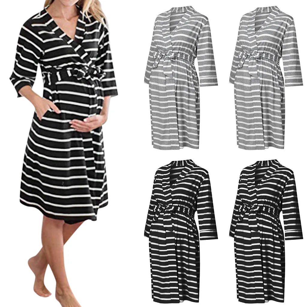 

Casual Pregnant Pyjama Women Maternity 3/4 Sleeve Stripe Bandage Nursing Nightdress Breastfeeding Dress Vêtements de maternité #