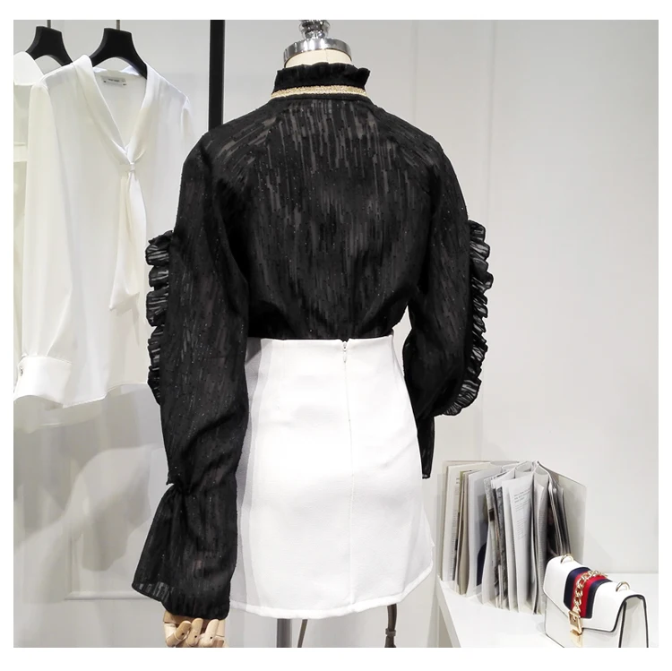 

Stand Collar Shirt Female 2021 Spring Mesh Patchwork Shirt Bow Tie Top Long Sleeve Blouse Camisas De Mujer Bottom Camisas