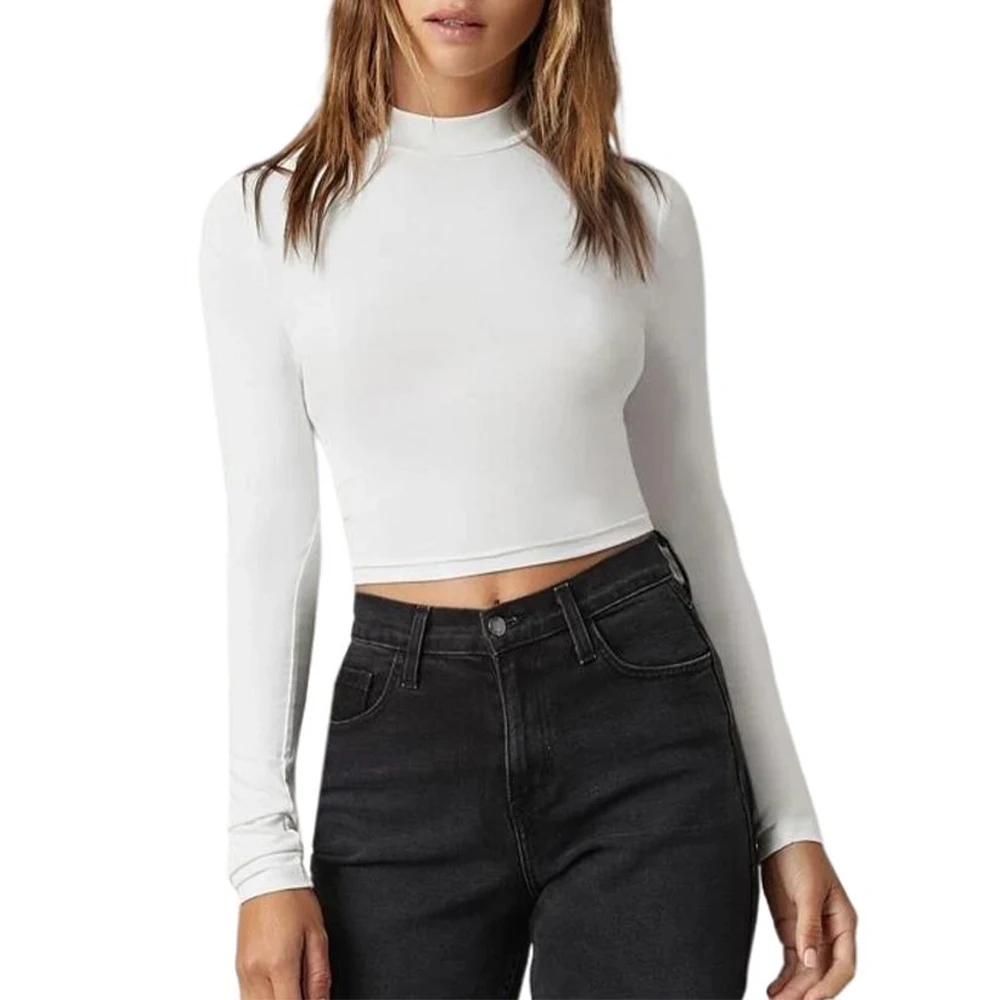 

Summer Long Sleeve Bottoming Shirt for Women Slim Round Neck Solid Color Tights Sexy Cotton Fashion Versatile Short Tops