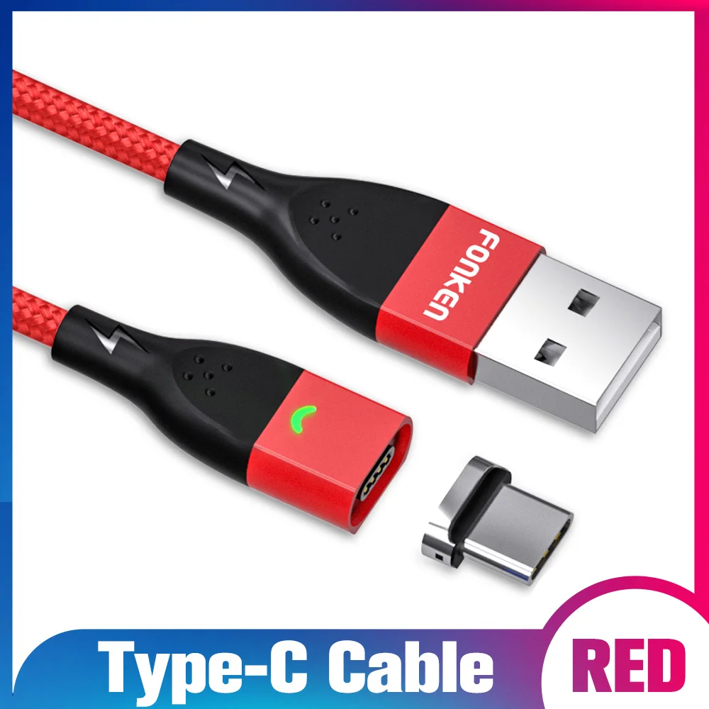 Red Type C cable FONKEN Micro USB Магнитный кабель быстрое зарядное устройство магнит Тип C провод для быстрого заряда 1 м 2 м Android мобильный телефон планшет светодиодный шнур данных - Цвет: Red Type C cable