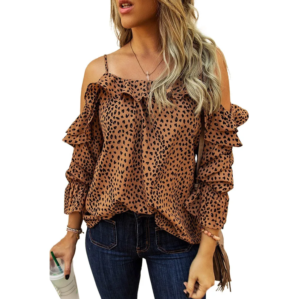 

Autumn and Winter New Style Europe and America Sexy off-the-Shoulder Chiffon Shirt Female Leopord Pattern Printed Trend Long-sle