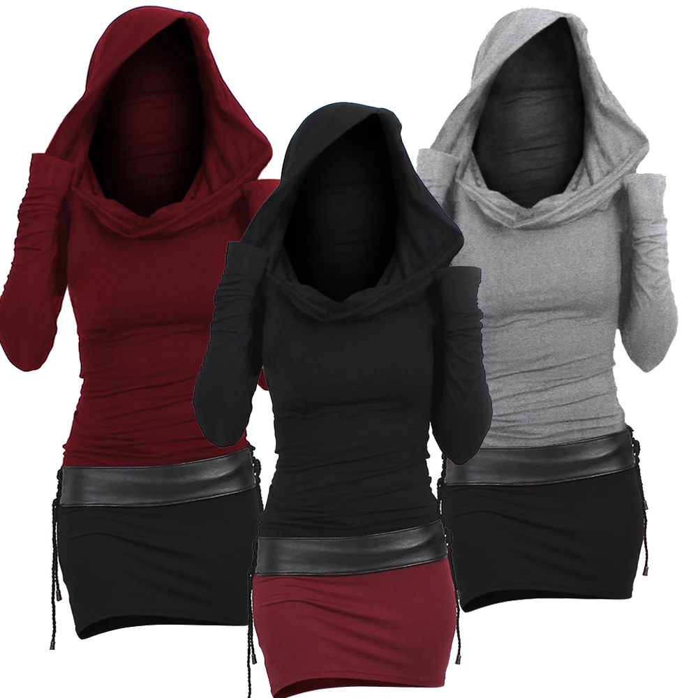 Long Sleeve Cotton Slim Fit Midi  Pullover Hoodie Dress  Two Tone Hooded Belted Bodycon Knee Length Hipp Hop
