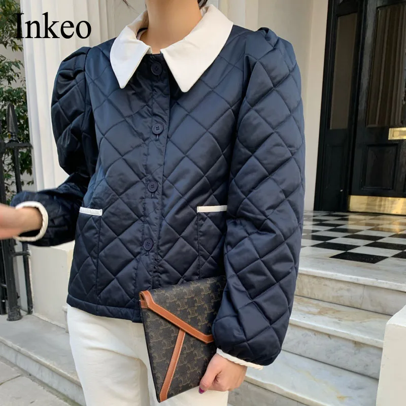 

Vintage Women turn down collar Puffer jacket 2021 Fall Winter Fashion Patchwork Puff sleeve padded coat Outwear New INKEO 1O072