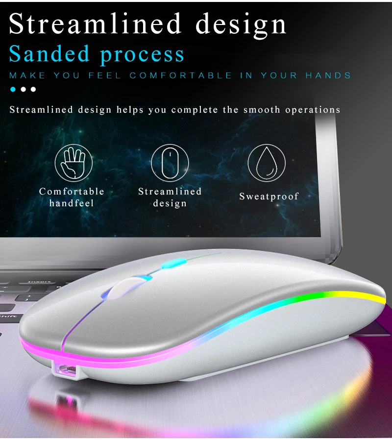 Wireless Mouse Silent 1600 DPI Ergonomic Mause Noiseless PC Mute Colorful Glowing Office Chargeable/battery | Компьютеры и офис