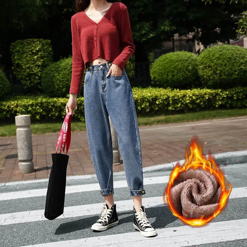 

Winter Thick Fleece Warm Loose mom harem pants Jeans Women High waist casual streetwear female blue denim pants Plus size 5XL