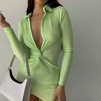 2021 summer mini dresses fashion sexy deep v neck ruched turn down collar shirt dress all match long sleeve kink dresses