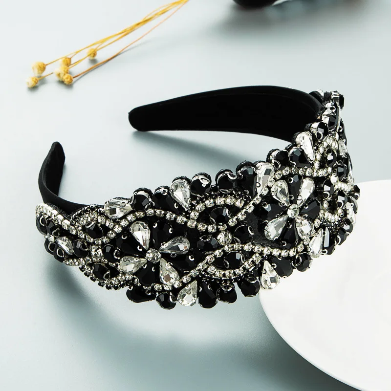 

Baroque Retro Rhinestone Flower Headband For Women Wide Luxury Crystal Hair Hoops Fabric Party Catwalk Hair Accessories