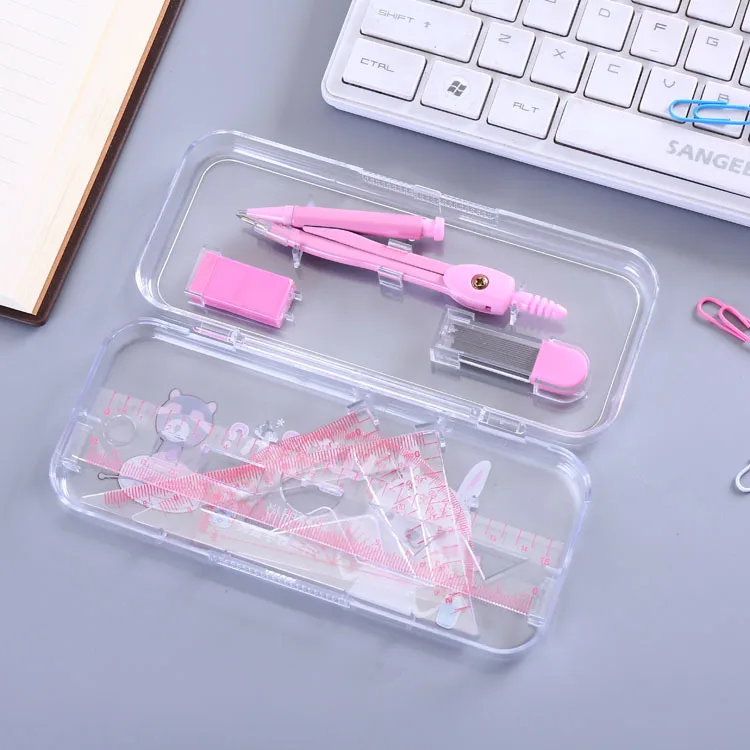 

7pcs/Set Cartoon Rabbit Mathematics Painting Drawing Suit Practical Plastic Compass Ruler Eraser Stationery Set Random Color