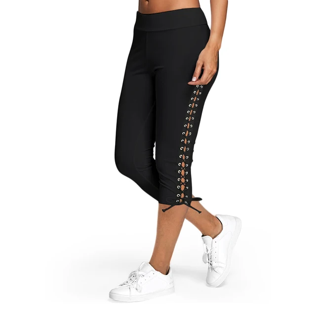 Lace Up Capri Leggings Casual High Waist Side Bandage Mid-Calf Women Bottoms  Trouser Solid | АлиЭкспресс