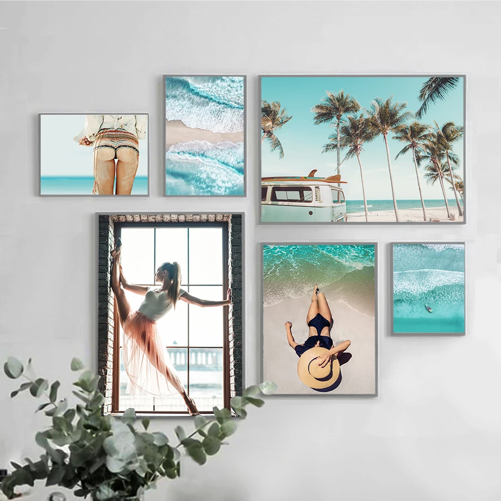 Плакаты и принты голубого моря пляжа волн пальма лодка кот путешествия настенное