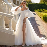 v neck split wedding dresses 2021 puff sleeves simple a line backless bridal gown sweep train vestido de novia organza ivory