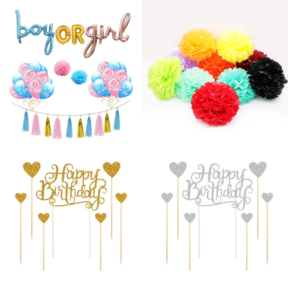 

Gender Reveal Party Balloons Boy or Girl One Letter Balloon Pompom Paper Flower Tassel Kids Birthday Baby Shower Party Supply