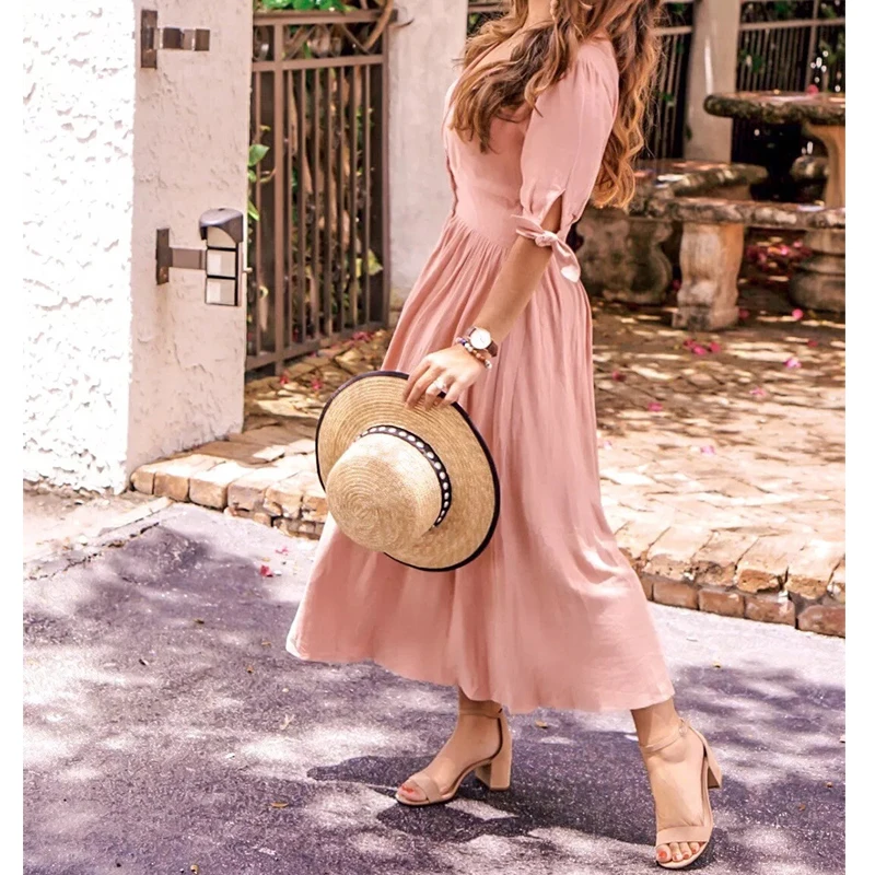 

Elegant Women Long Office Dress Female Half Sleeve High Waist Summer Dress Ladies Button Dress for OL Vestidos