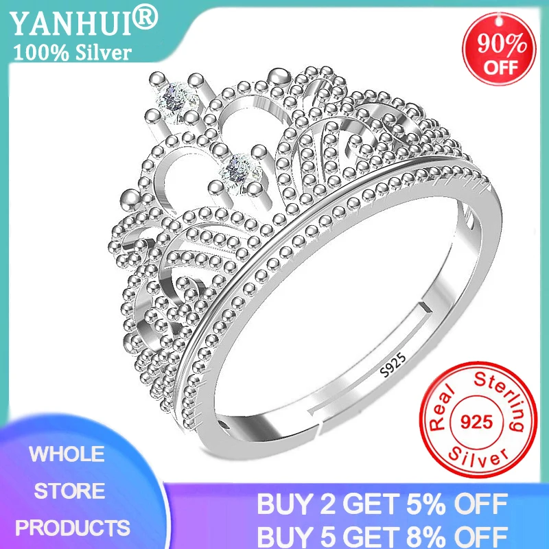 

YANHUI 100% Real Solid 925 Silver Crown Ring Gift For Lovers Women Girls Wedding Engagement Jewelry Adjustable Size Open Ring